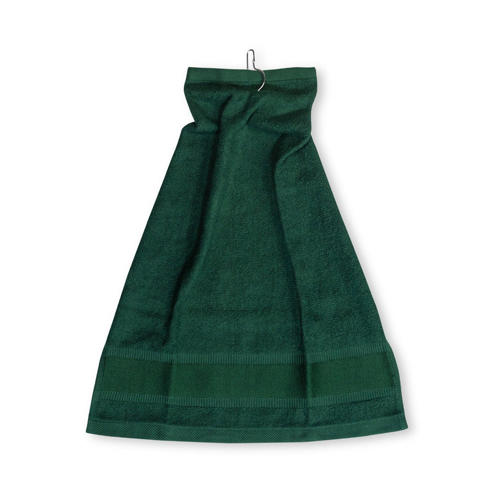 GOLFI promotional towel in dark green (detail view) with custom logo branding