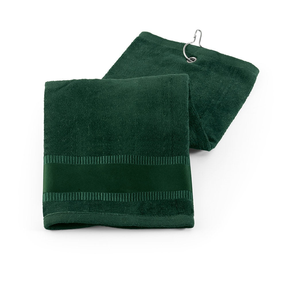 GOLFI promotional towel in dark green with custom logo branding