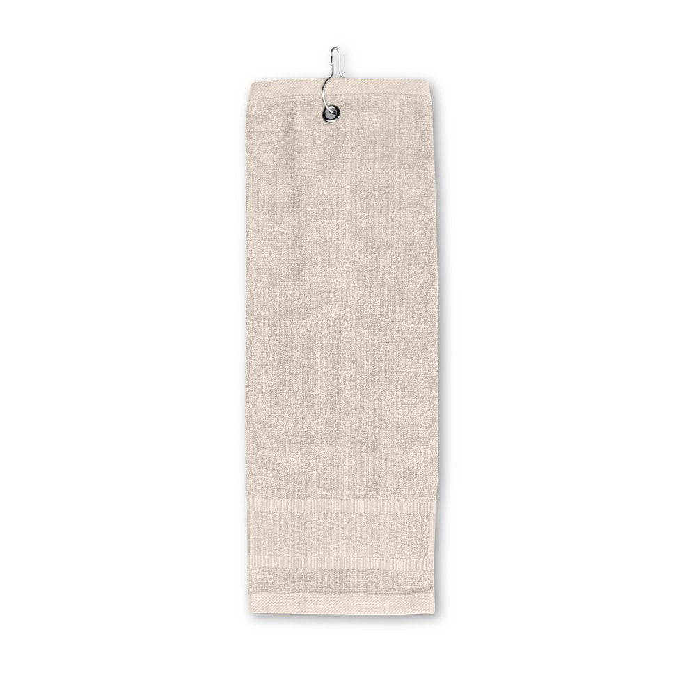 GOLFI promotional towel in beige (detail view) with custom logo branding