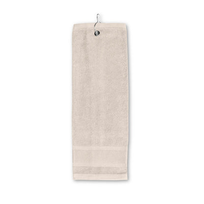 GOLFI promotional towel in beige (detail view) with custom logo branding