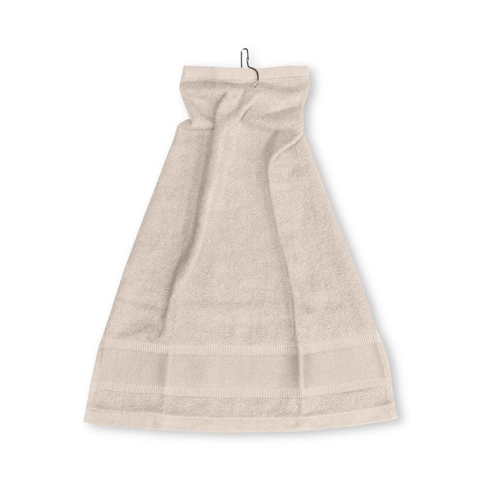 GOLFI promotional towel in beige (detail view) with custom logo branding