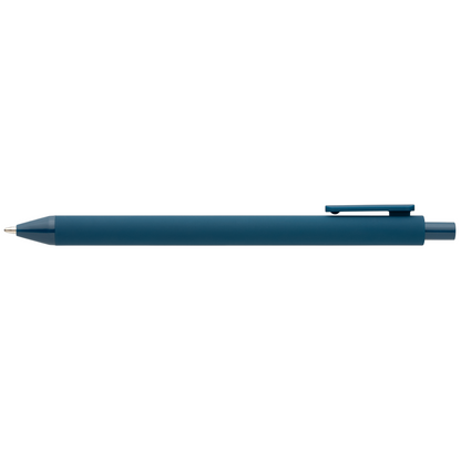 Bloom Recycled Plastic Retractable Soft Touch Pen promotional pen in navy blue printed with your company logo
