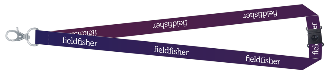 Design approvato del lanyard: logotipo Fieldfisher bianco pieno su una sfumatura dal blu al viola