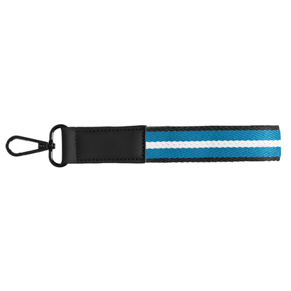 Newport rPET Woven Chevron Snap Trigger Keychain promotional event giveaway in navy blue printed with your company logo