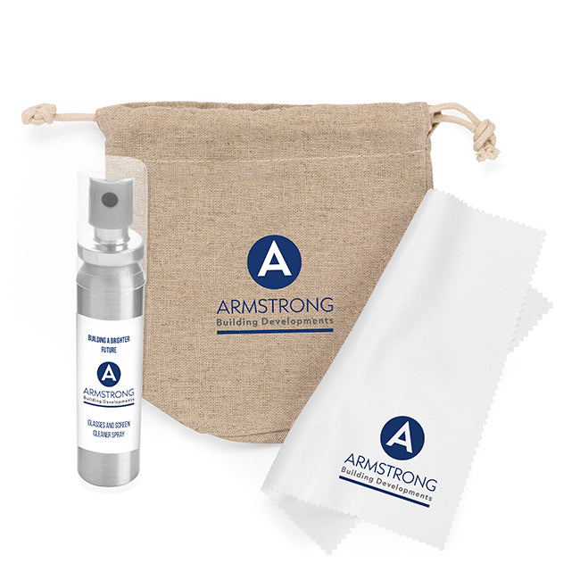Brillen- und Bildschirmreinigungsset im Hanfbeutel (20 ml) | Wellness-Geschenke mit Markenlogo