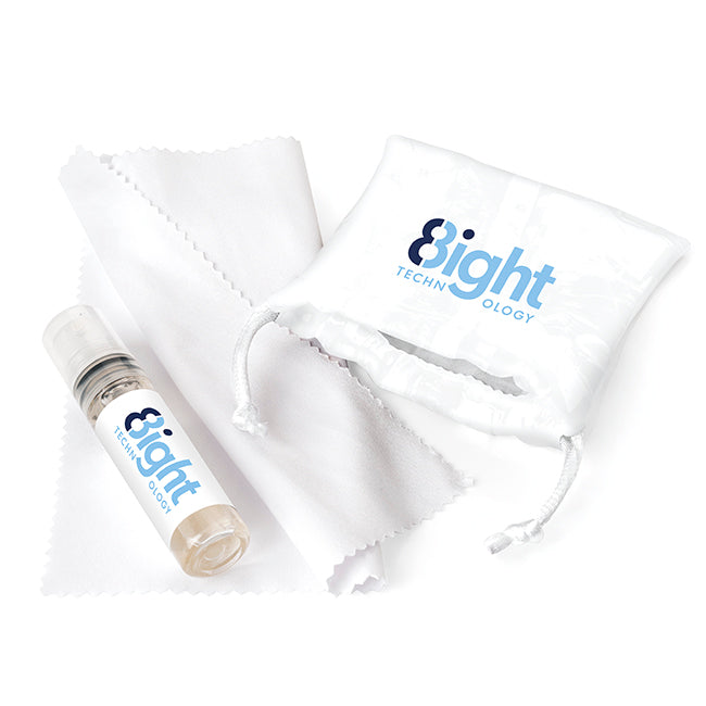 2-teiliges Brillen- und Bildschirmreinigungsset in einer bedruckten Tasche | Wellness-Geschenke mit Markenlogo