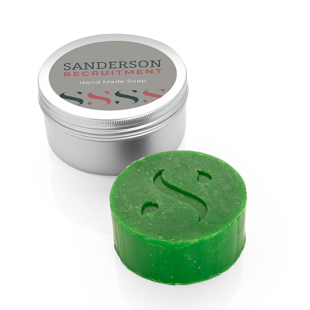 Geprägte handgemachte Seife in einer Dose (65 g) | Wellness-Geschenke mit Markenlogo