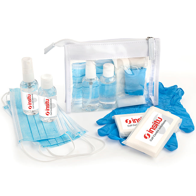 Kit di emergenza in una borsa con finiture bianche in PVC trasparente | Regali benessere firmati