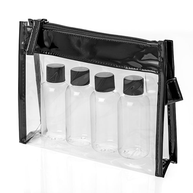 Set da viaggio da 5 pezzi in una borsa con cerniera nera/trasparente | Regali benessere firmati