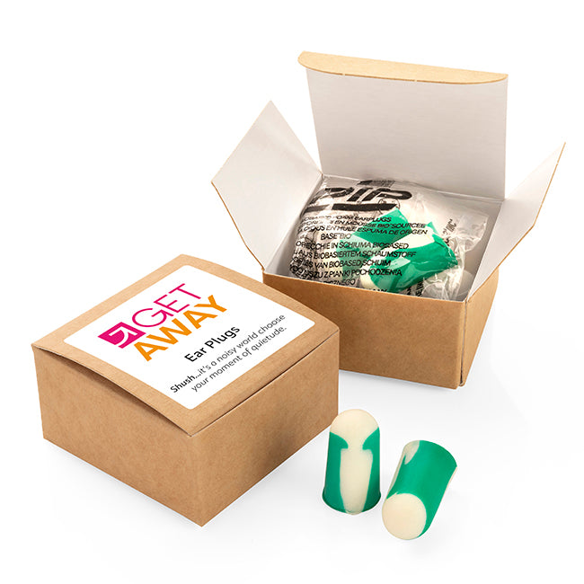 Paar biobasierte Ohrstöpsel in einer Box | Wellness-Geschenke mit Markenlogo