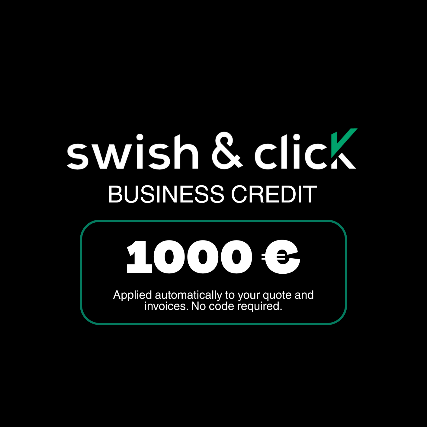 Graphique promotionnel pour l'offre de crédit aux entreprises swish & click sur fond noir
