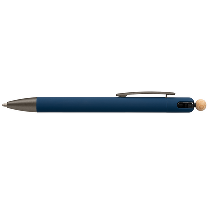 Osaka Recycled Aluminium Bamboo Accented Fidget Ball Pen promotional pen in navy blue laser engraved with your company logo