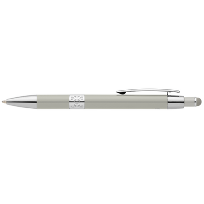 Adorn Recycled Aluminium Chrome Trim Stylus Pen promotional pen in dune warm grey laser engraved with your company logo