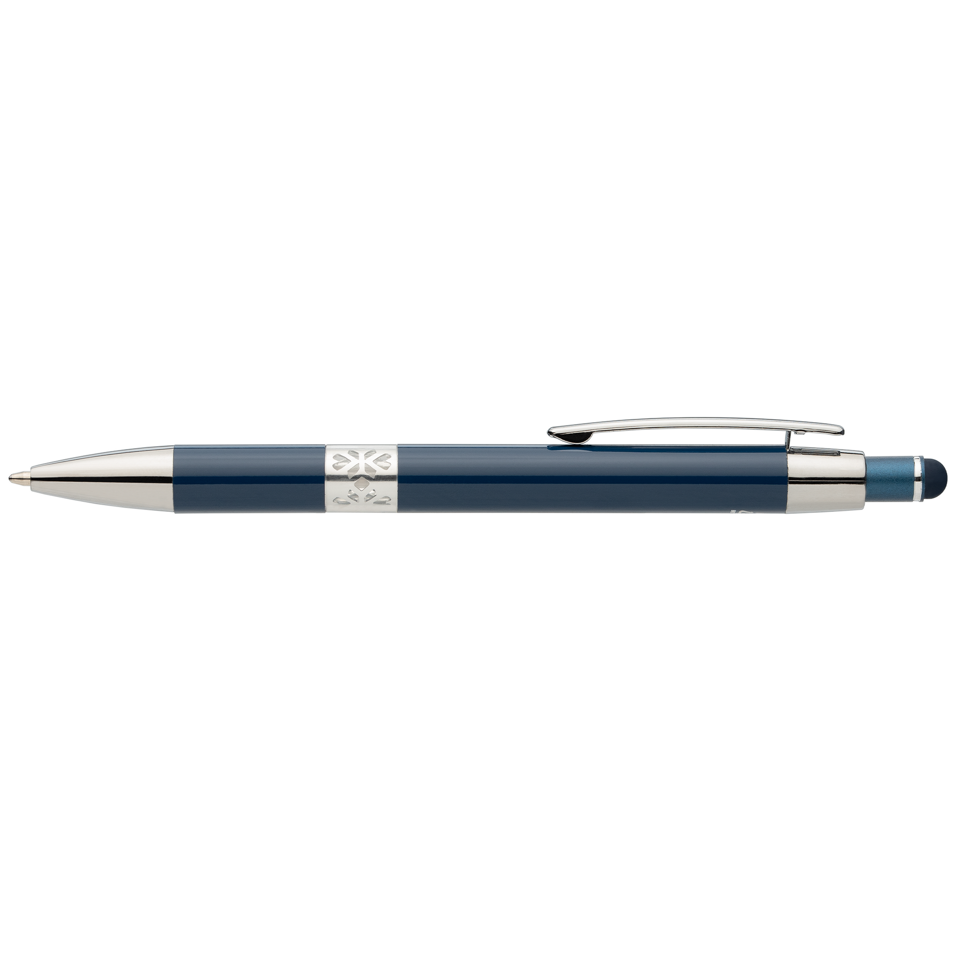 Adorn Recycled Aluminium Chrome Trim Stylus Pen promotional pen in navy blue laser engraved with your company logo