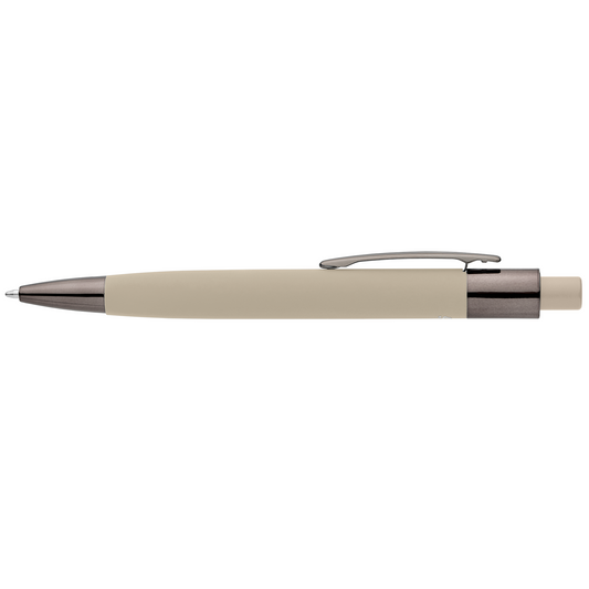 Malmö Recycled Aluminium Soft Touch Barrel Pen promotional pen in dune warm grey laser engraved with your company logo