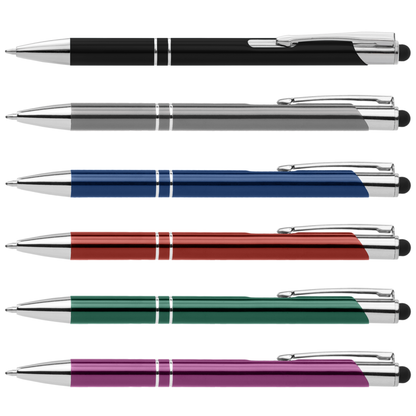 Crosby Shiny Pen with Top Stylus promotional pen in assorted colours laser engraved with your company logo