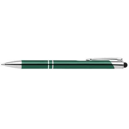 Crosby Shiny Pen with Top Stylus promotional pen in green laser engraved with your company logo
