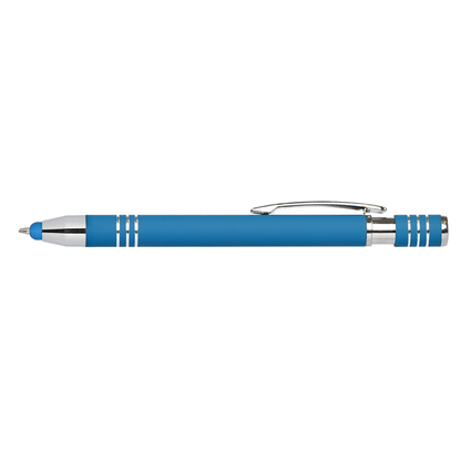 Morrison Softy Stylus Pen promotional pen in light blue laser engraved with your company logo