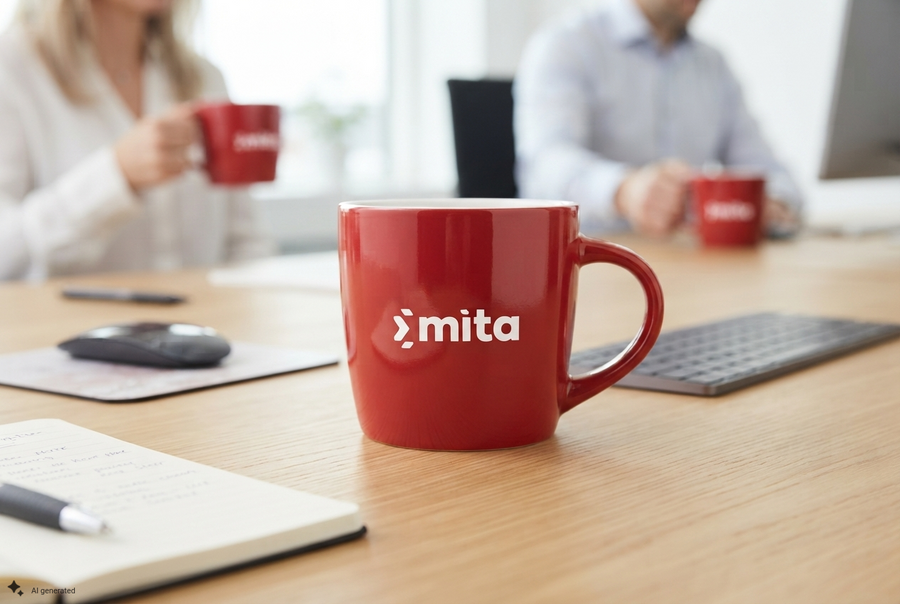 Visualisation of a white ceramic mug carrying the MITA logo, representing the branded mugs supplied by Swish & Click