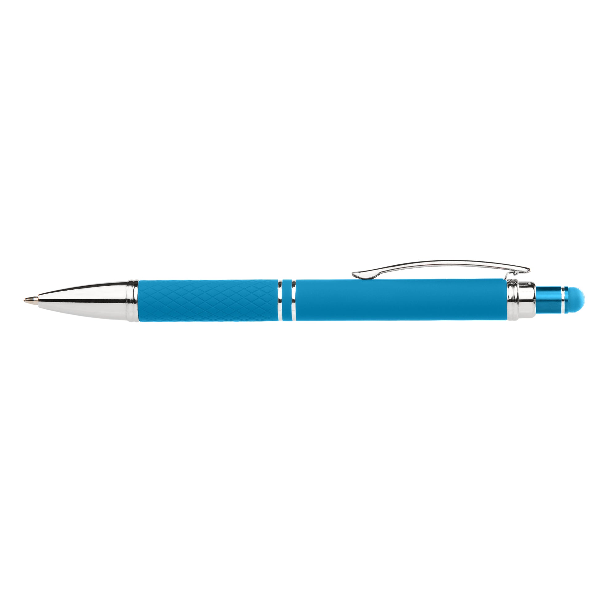 Phoenix Softy Brights with Stylus promotional pen in light blue laser engraved with your company logo