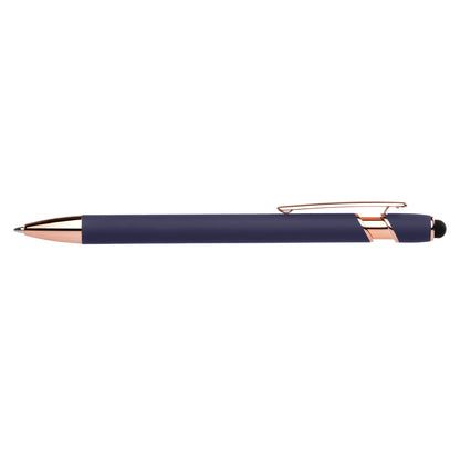 Prince Softy Rose Gold Executive with Stylus promotional pen in navy blue laser engraved with your company logo