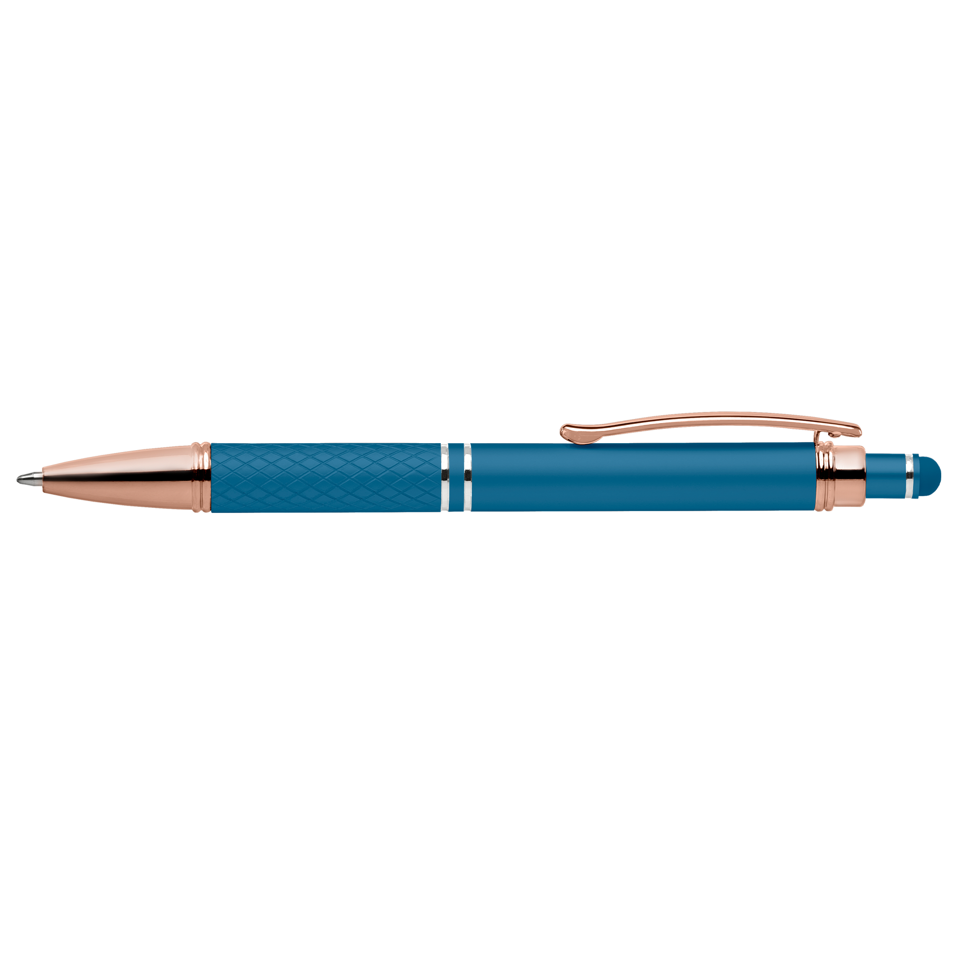 Phoenix Softy Rose Gold promotional pen in light blue laser engraved with your company logo