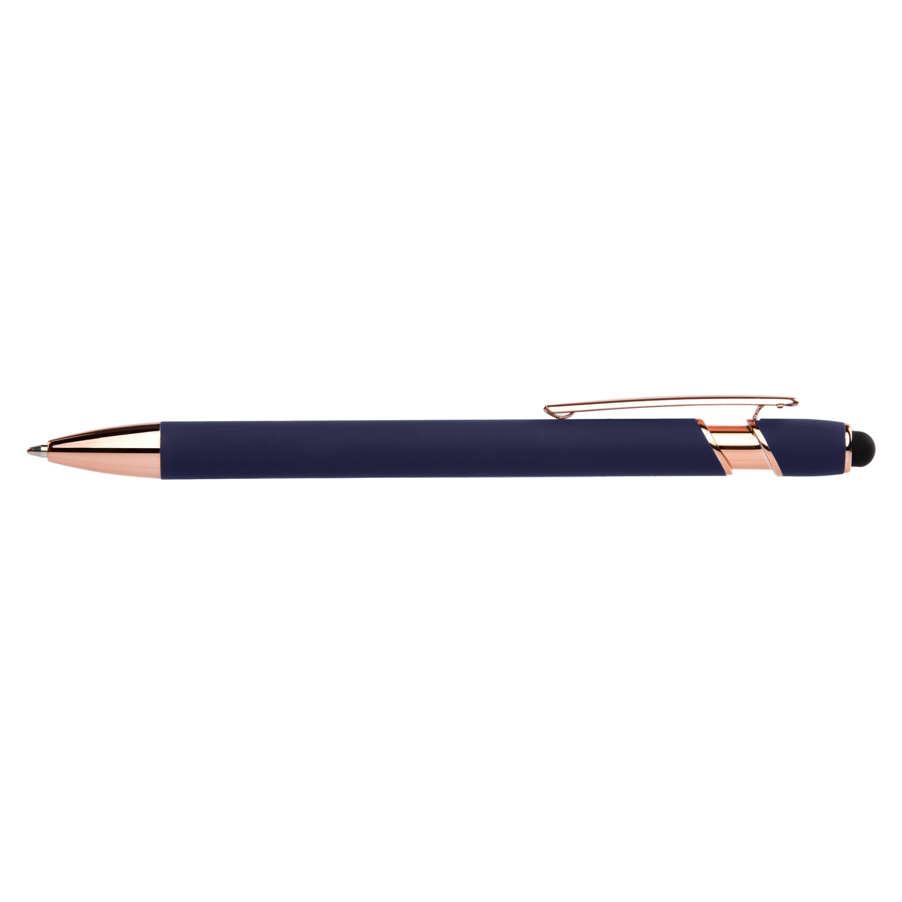 Prince Softy Rose Gold Gel Pen with Stylus promotional pen in navy blue laser engraved with your company logo