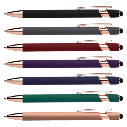 Prince Softy Rose Gold Gel Pen with Stylus promotional pen in assorted colours laser engraved with your company logo