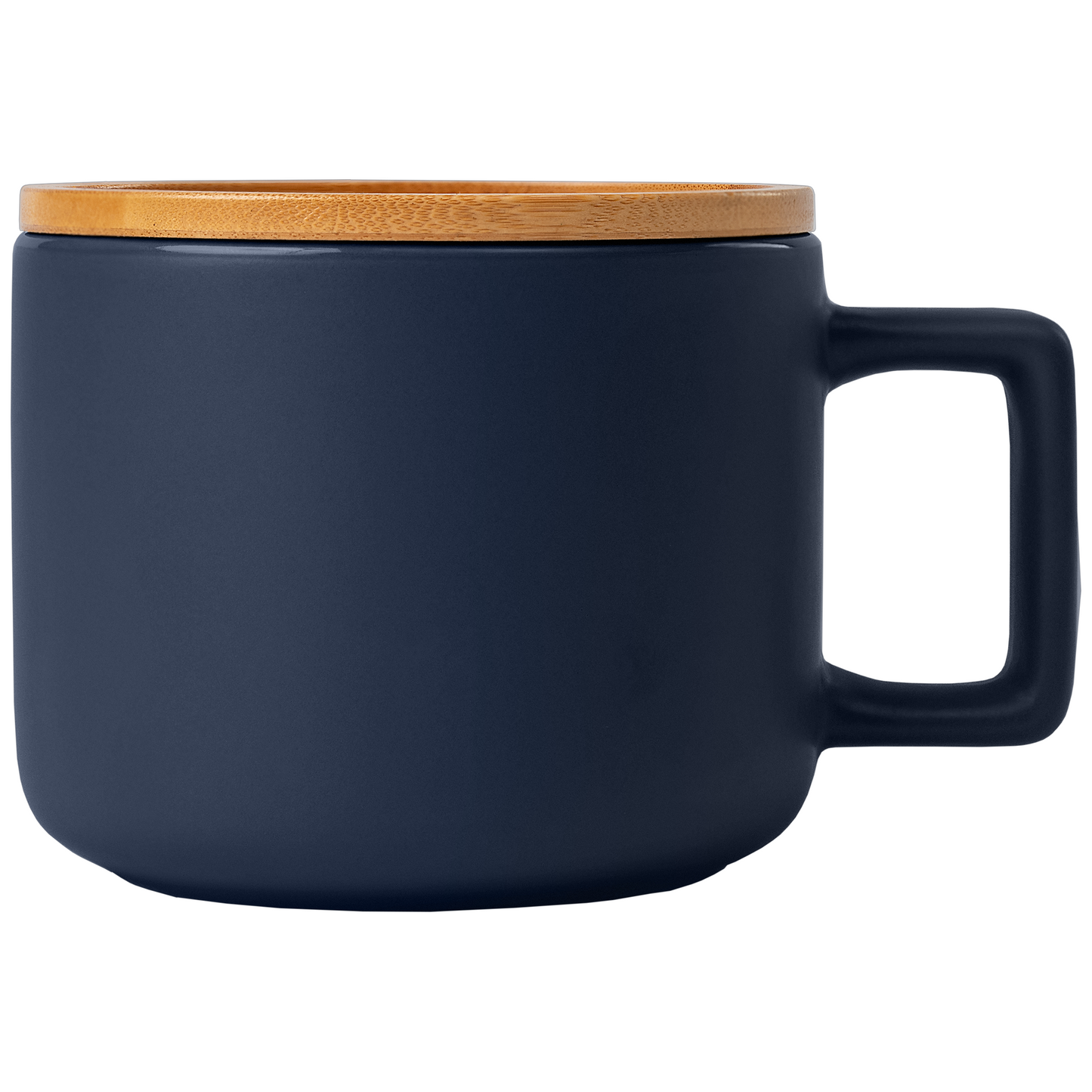 Café Virtuoso Ceramic Bamboo Lid Mug promotional mug in navy blue laser engraved with your company logo