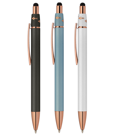 Orbit Spinner Metal Pen with Stylus promotional pen in assorted colours laser engraved with your company logo