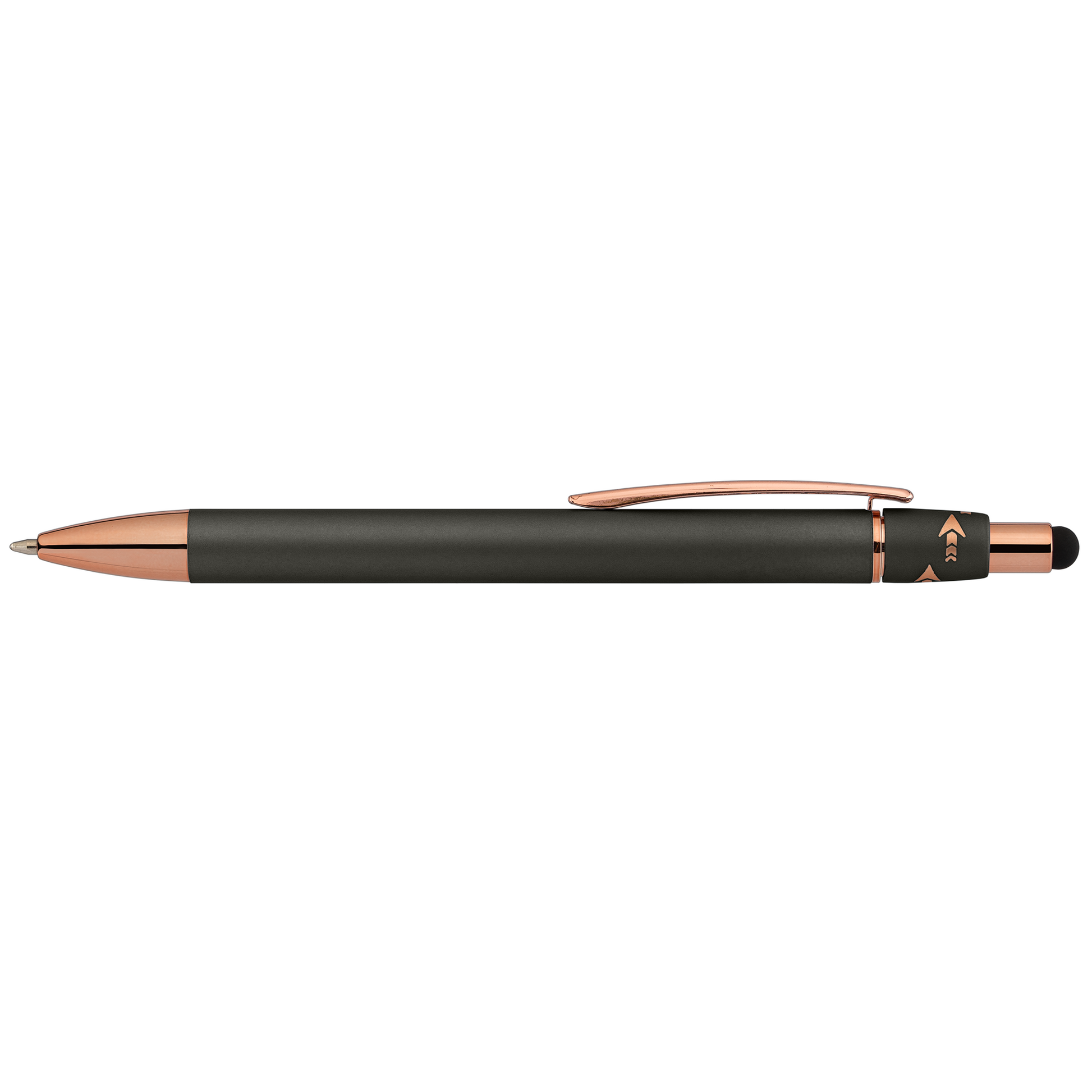 Orbit Spinner Metal Pen with Stylus promotional pen in gunmetal laser engraved with your company logo