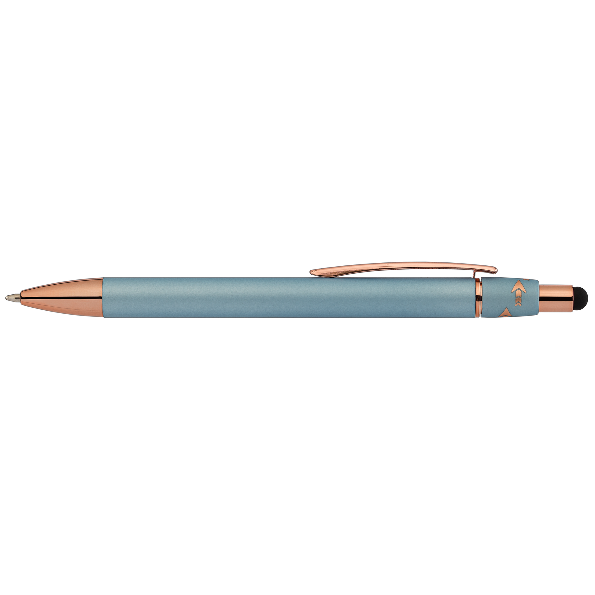 Orbit Spinner Metal Pen with Stylus promotional pen in steel blue laser engraved with your company logo