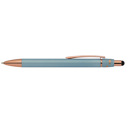 Orbit Spinner Metal Pen with Stylus promotional pen in steel blue laser engraved with your company logo