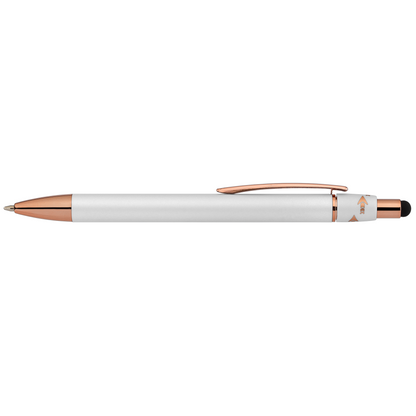 Orbit Spinner Metal Pen with Stylus promotional pen in white laser engraved with your company logo