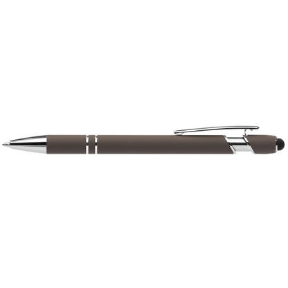 Prince Recycled Softy Pen with Stylus + Anti-Fraud Ink promotional pen in gunmetal laser engraved with your company logo