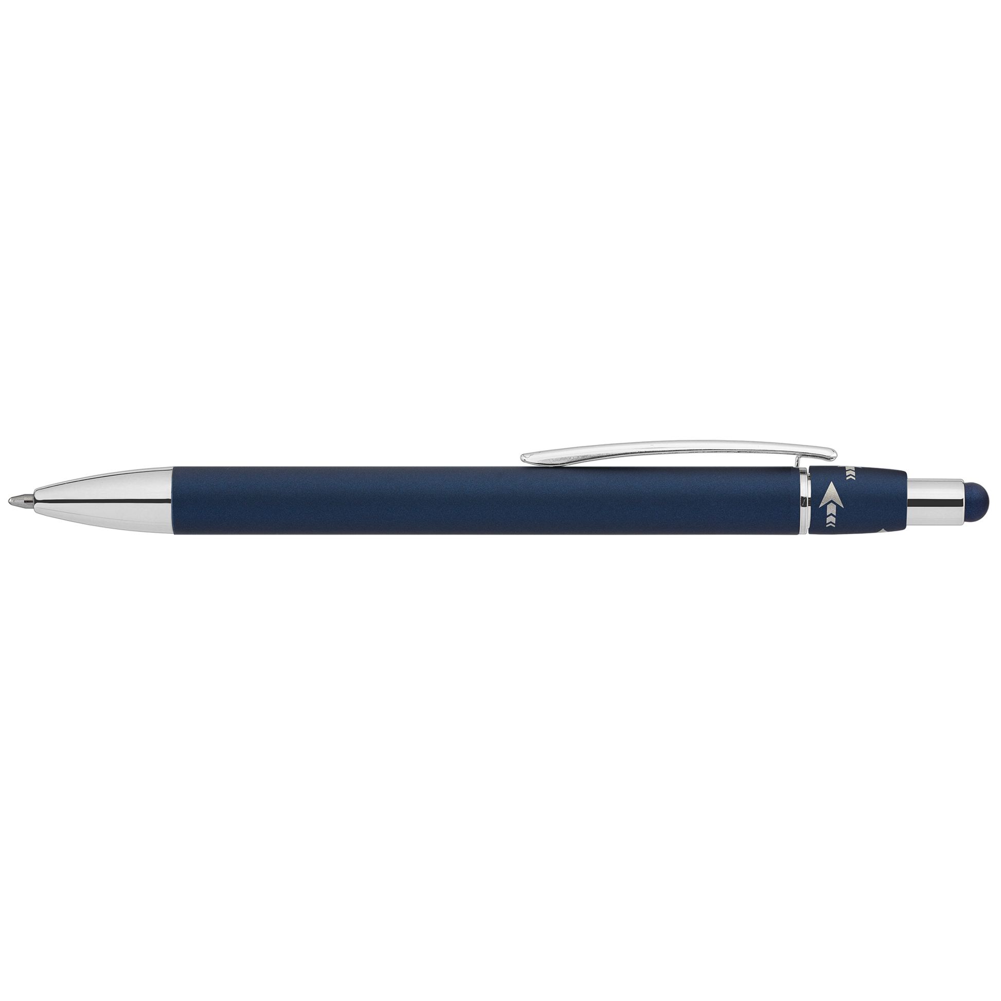 Orbit Spinner Chrome Metal Pen with Stylus promotional pen in navy blue laser engraved with your company logo