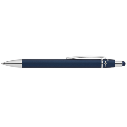 Orbit Spinner Chrome Metal Pen with Stylus promotional pen in navy blue laser engraved with your company logo
