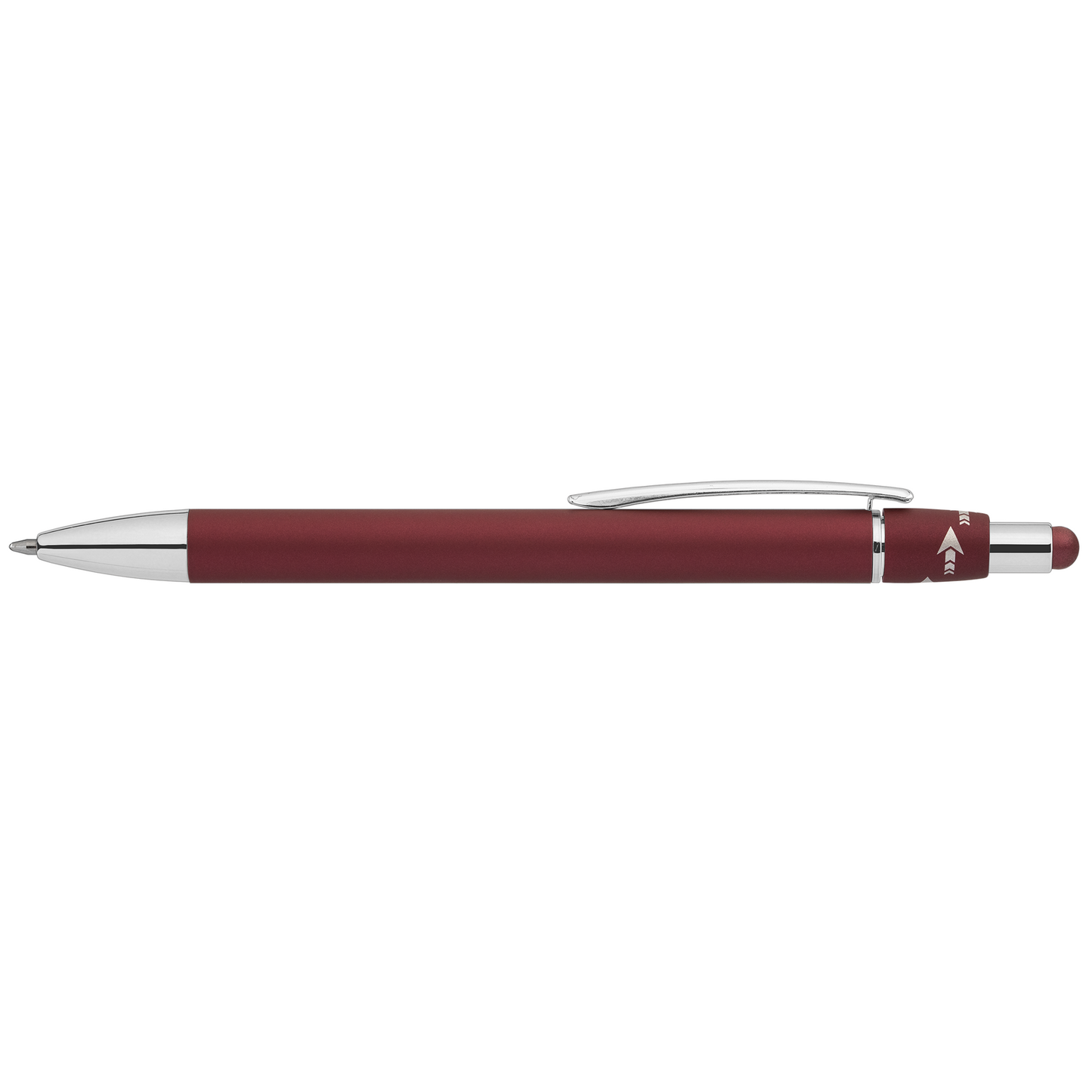 Orbit Spinner Chrome Metal Pen with Stylus promotional pen in burgundy laser engraved with your company logo