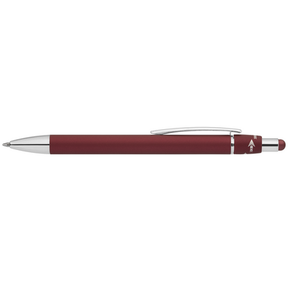 Orbit Spinner Chrome Metal Pen with Stylus promotional pen in burgundy laser engraved with your company logo