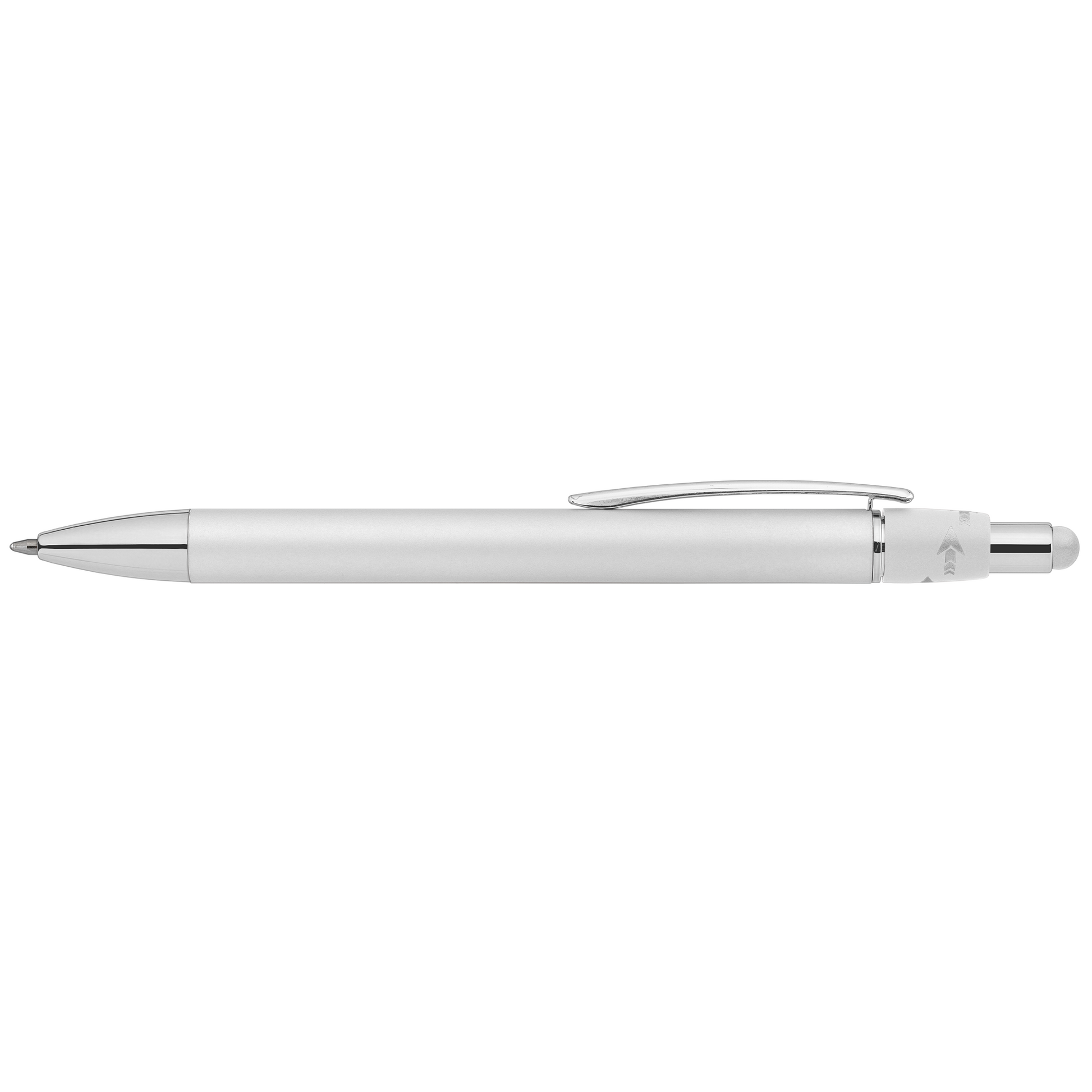 Orbit Spinner Chrome Metal Pen with Stylus promotional pen in white laser engraved with your company logo