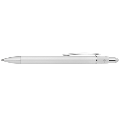 Orbit Spinner Chrome Metal Pen with Stylus promotional pen in white laser engraved with your company logo