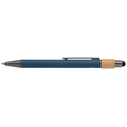 Reborn Spinner Recycled Aluminium Pen with Stylus promotional pen in navy blue printed with your company logo