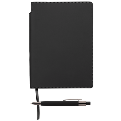 Malmö Recycled Soft Cover Extended Journal Pen Set promotional notebook in black printed with your company logo