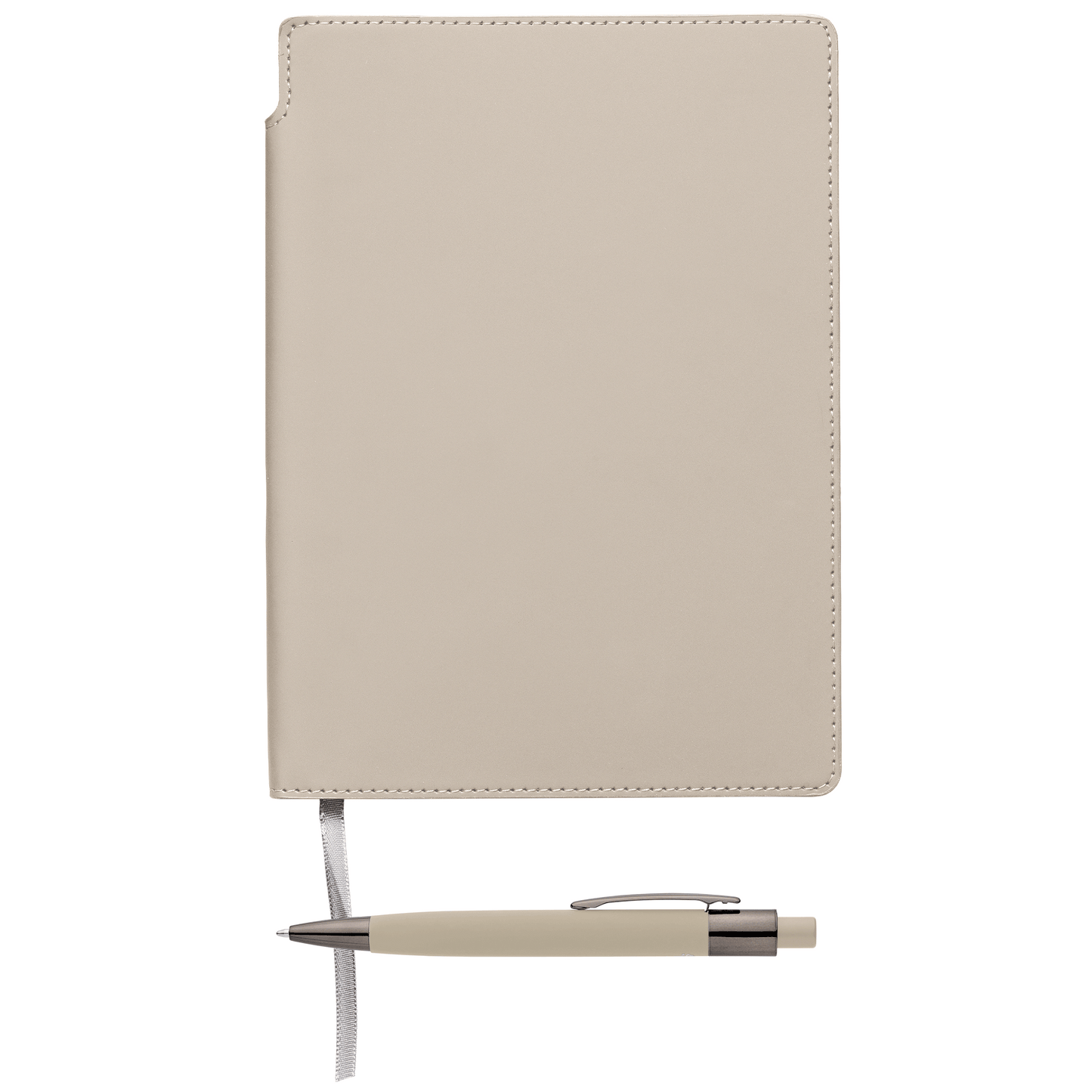 Malmö Recycled Soft Cover Extended Journal Pen Set promotional notebook in dune warm grey printed with your company logo