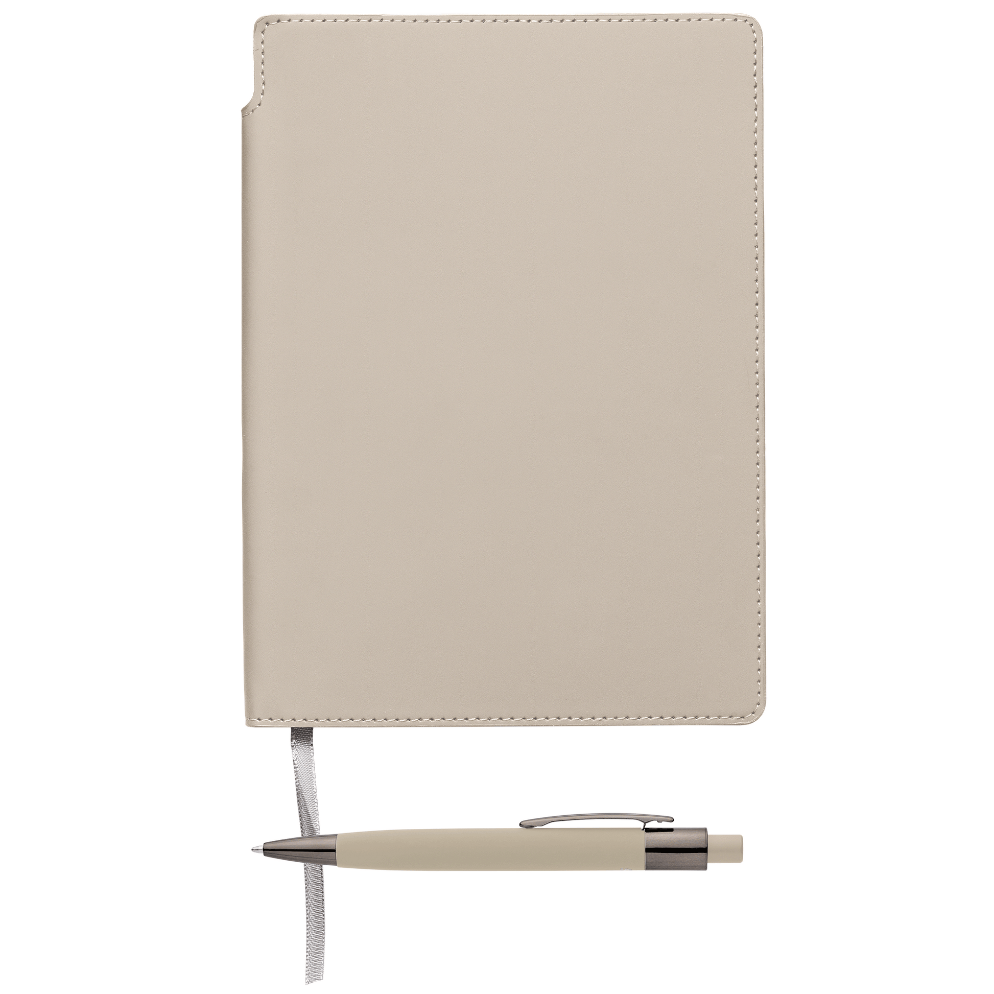 Malmö Recycled Soft Cover Extended Journal Pen Set promotional notebook in dune warm grey printed with your company logo