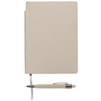 Malmö Recycled Soft Cover Extended Journal Pen Set promotional notebook in dune warm grey printed with your company logo