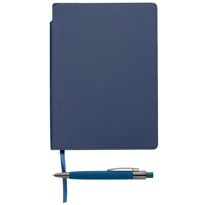 Malmö Recycled Soft Cover Extended Journal Pen Set promotional notebook in navy blue printed with your company logo