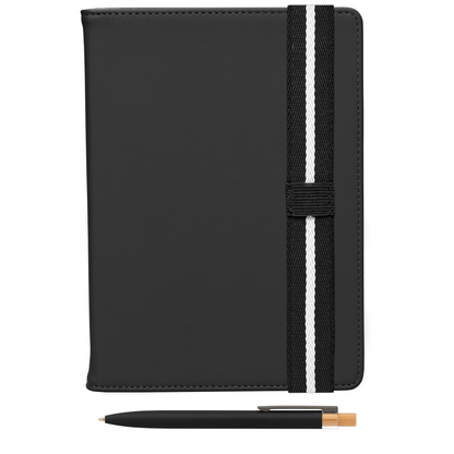 Newport Recycled Chevron Refillable Journal Pen Set promotional notebook in black printed with your company logo