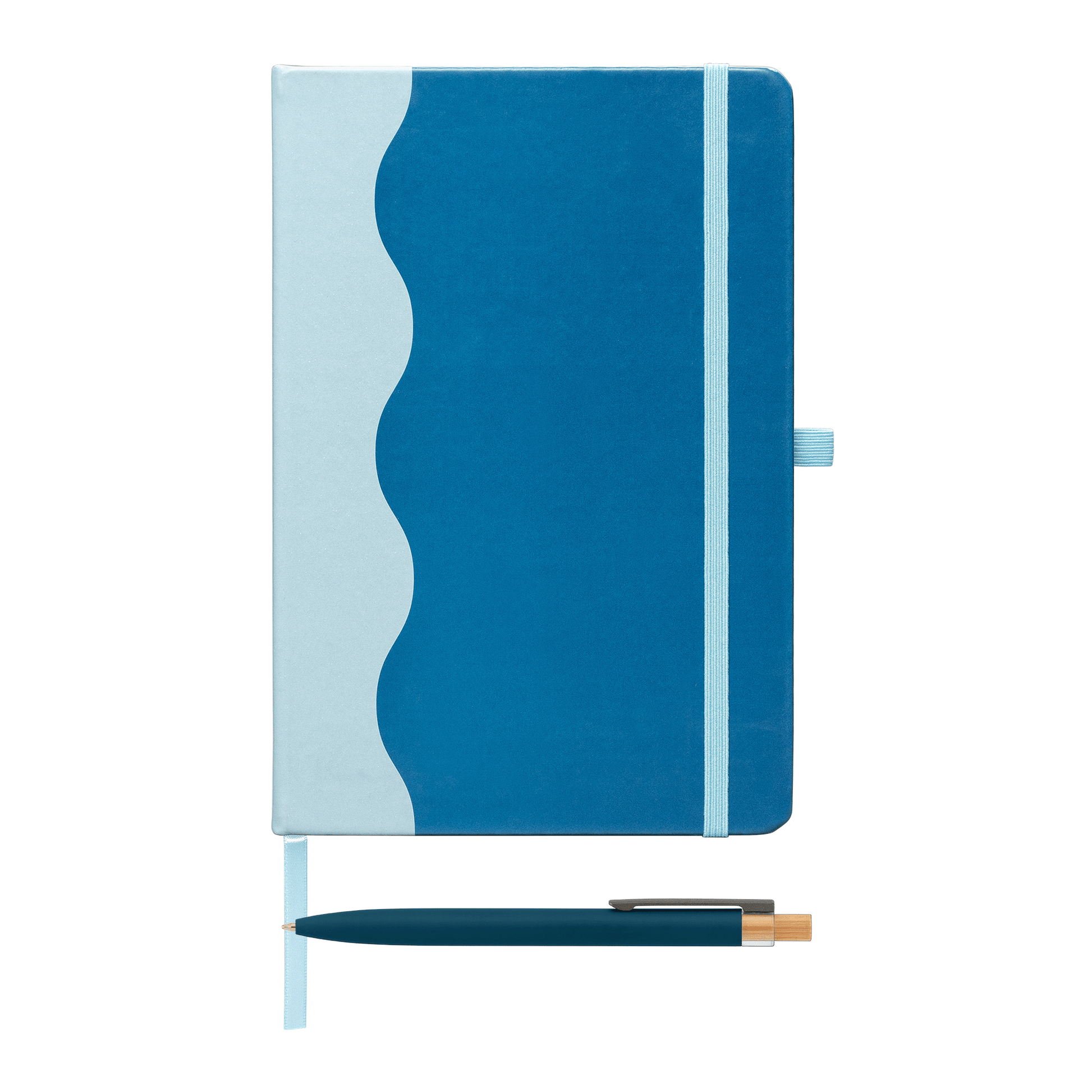 Grete Recycled Wave Pattern Journal Pen Set promotional notebook in navy blue printed with your company logo
