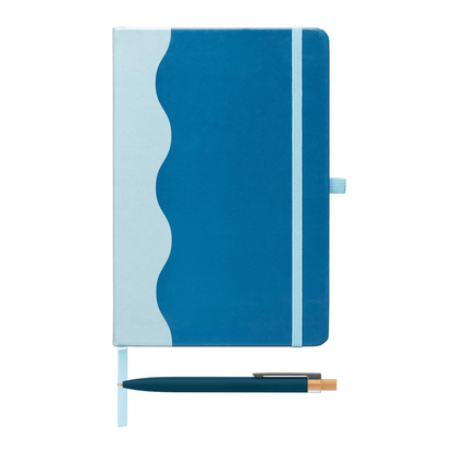 Grete Recycled Wave Pattern Journal Pen Set promotional notebook in navy blue printed with your company logo